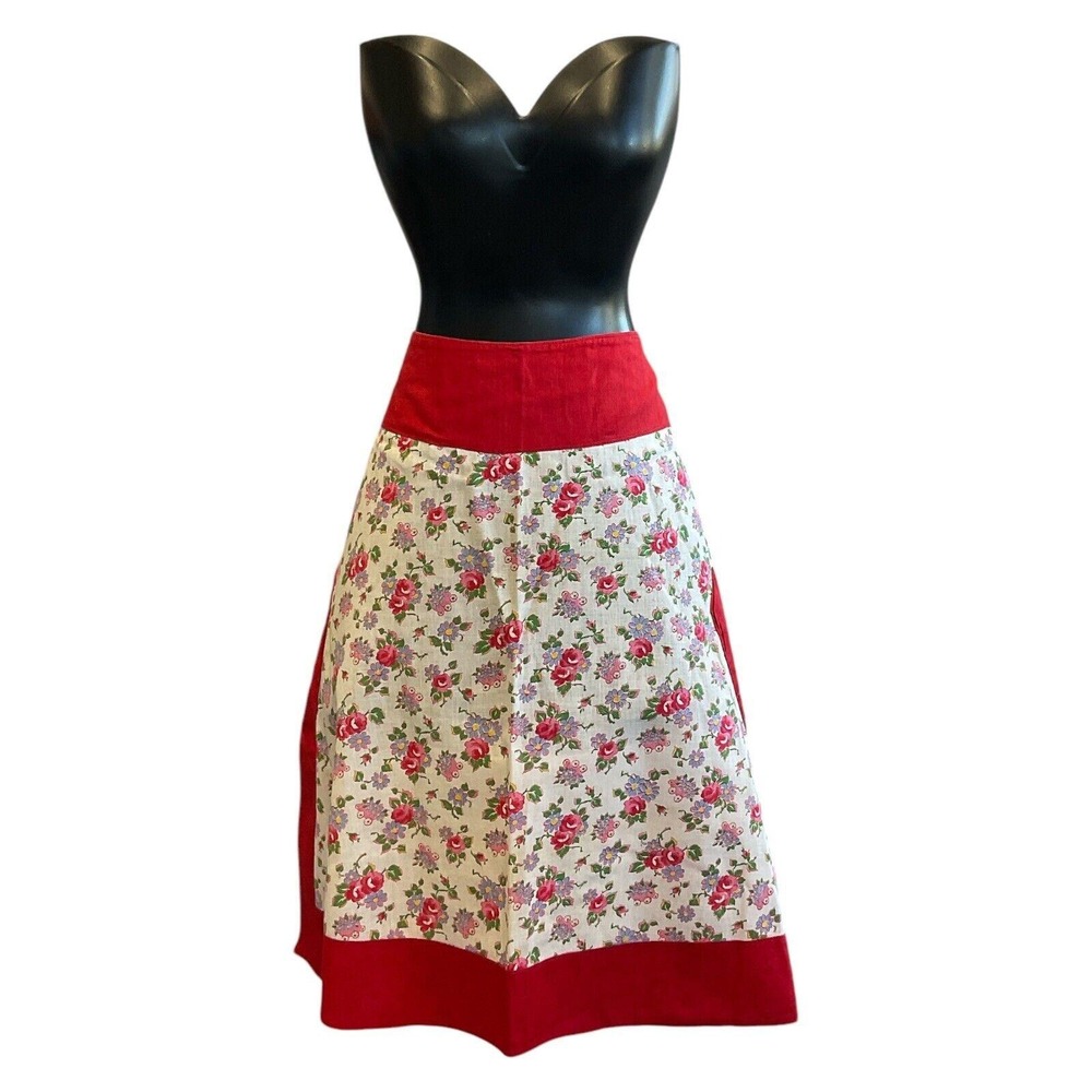 Vintage Apron Handmade Side‎ Pockets Red Framed Floral